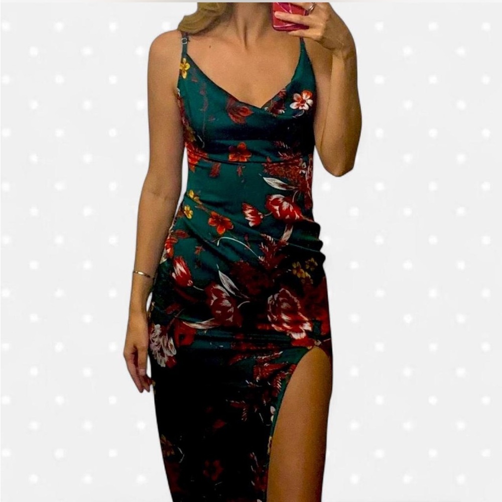 PrettyLittleThing Green and Red Floral Maxi Dress